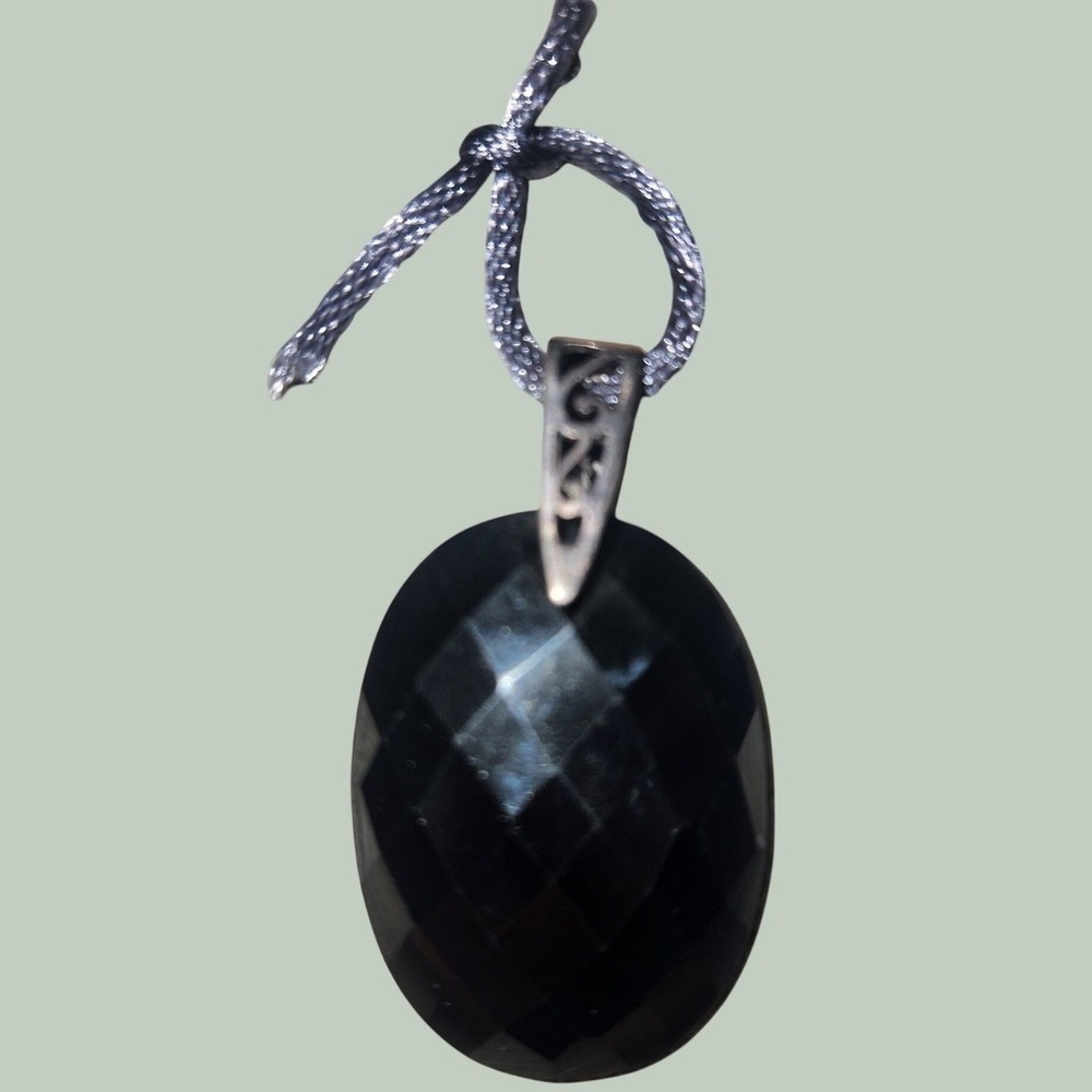 Faceted Black Onyx Oval Pendant Silver Tone Filigree Bail Vintage Style Gemstone
